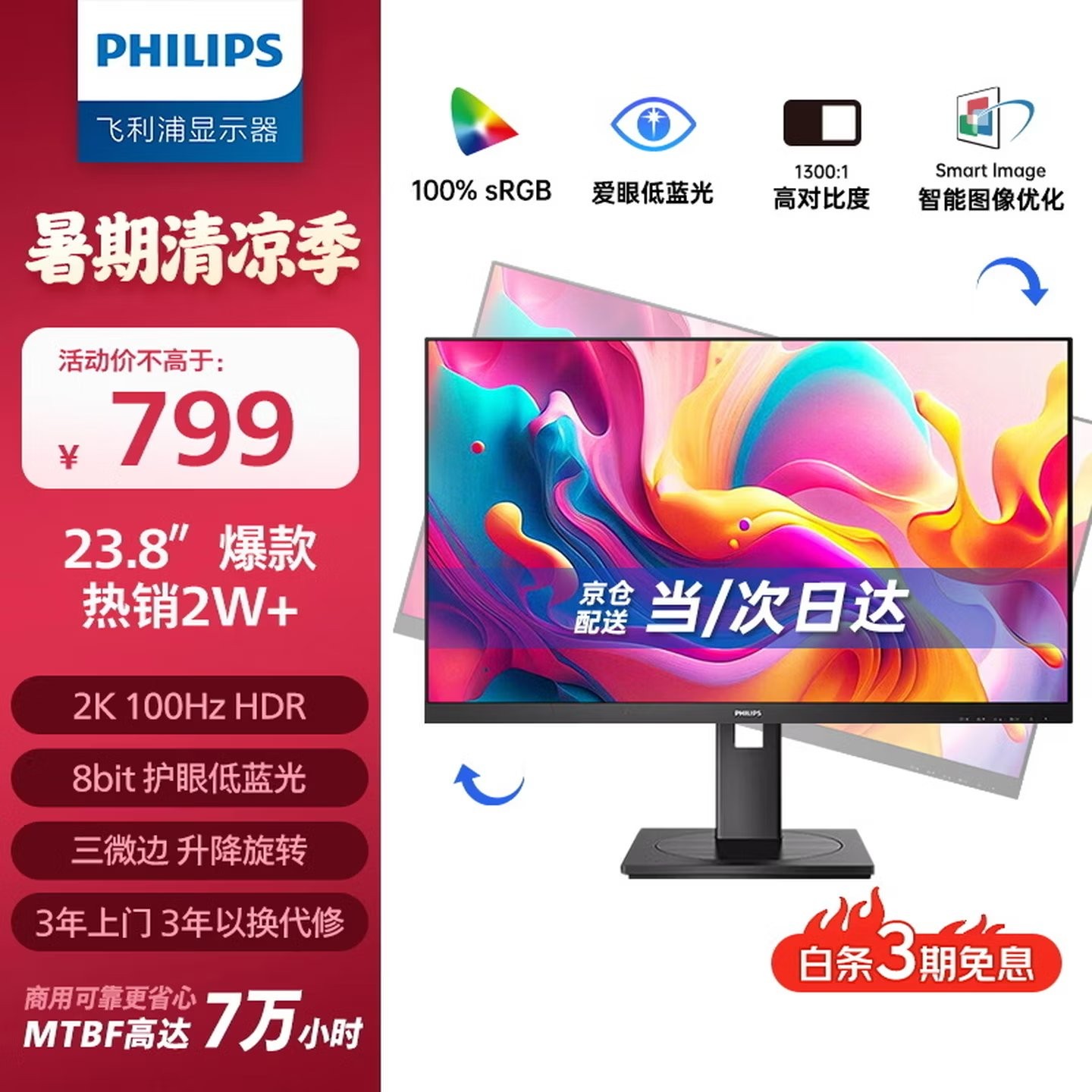飞利浦（PHILIPS）23.8英寸 2K办公显示器 IPS HDR 100Hz TUV低蓝光护眼 HDMI+DP 旋转升降 电脑显示屏 245S9RB